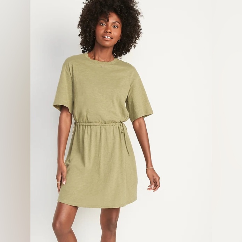 Waist-Defined Short-Sleeve Slub-Knit Mini T-Shirt Dress